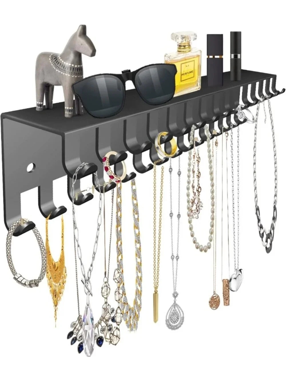 Wall-Mounted Jewelry Organizer with 56 Hooks & Tray - Necklace & Earring Holder